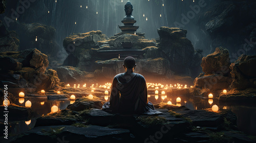A man meditates in front of a Buddha statue with candles around it in a temple