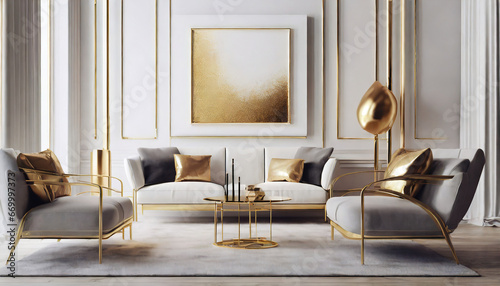 wall art mockup display image in a white living room with gold accents in a modern luxury high end style photo