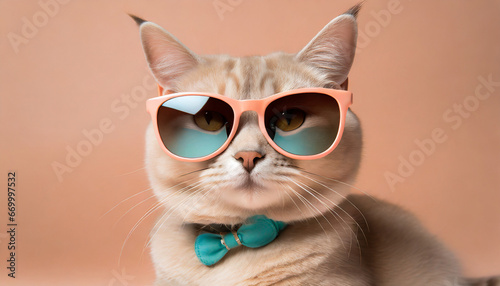fashion cat in sunglasses peach color background generative ai