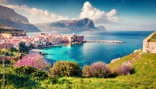 sunny spring view of sant elia village splendid azure water bay on sicily palermo city location italy europe traveling concept background photo