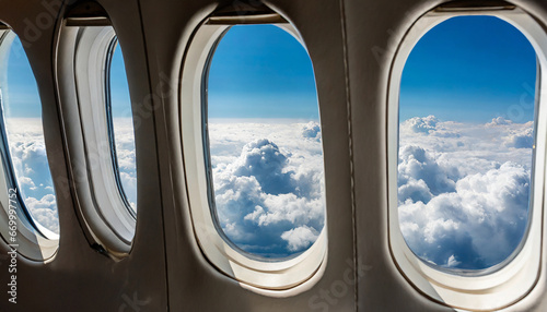 a window in an airplane reveals a beautiful view of the sky or clouds