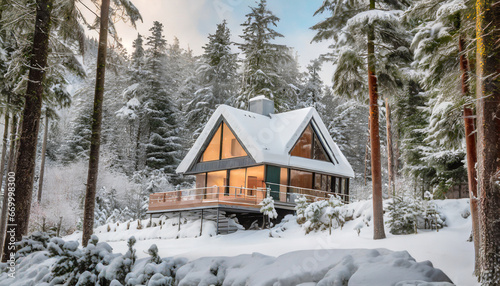 modern a frame house cabin in middle of a forest in winter season with house covered in snow