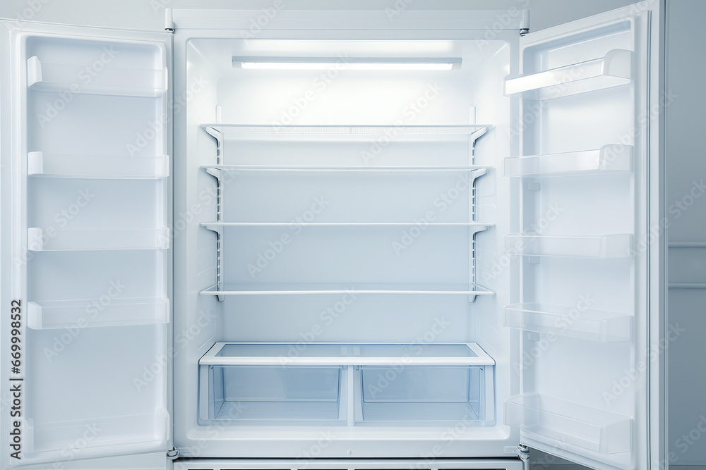 An open empty fridge in a kitchen. Hungry and food price concept