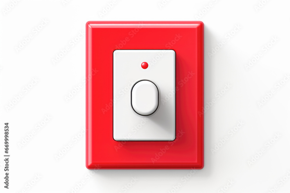A red plastic light switch on a white wall is pushed to the A red plastic light switch on a white wall is pushed to the