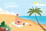 Hello Summer lettering with a man on the beach. Vector illustration
