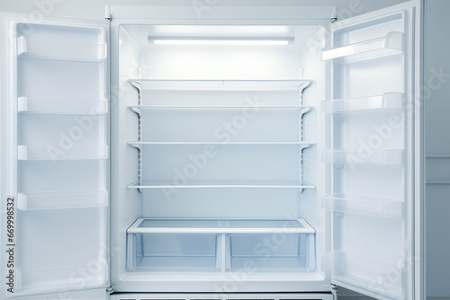 Obraz na płótnie An open empty fridge in a kitchen. Hungry and food price concept w salonie