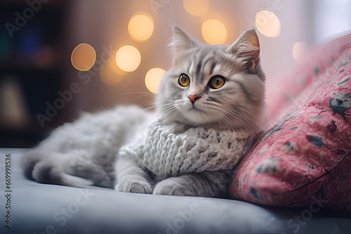 Generative AI. Portrait of a beautiful cat sitting on soft cushions in a Christmas house. Glowing garlands in the background