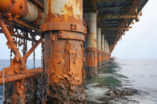 Detailed shot of the corroded and eroded metal surface on an aging bridge, showcasing the rusty, grunge background and the texture of the steel structure.