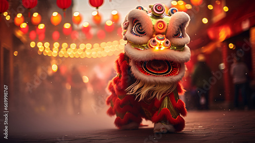 Close-up New Year theme on red background, Spring Festival New Year lion dance culture concept illustration photo