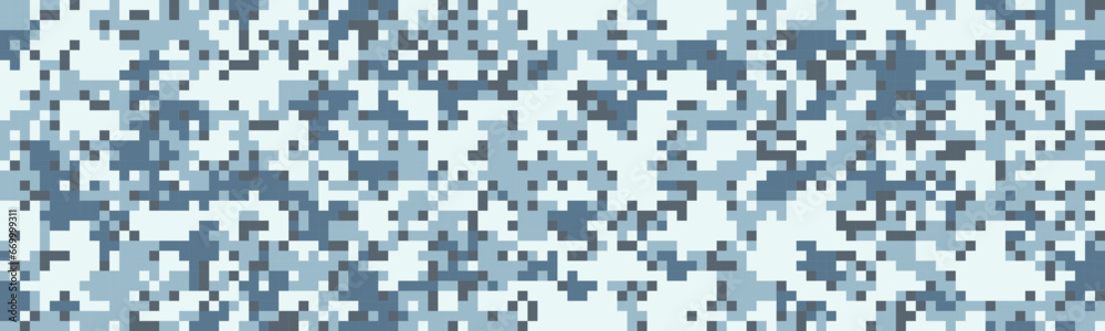 Morpat digicam seamless pixel winter white and blue army camo pattern. Acupat mosaic camouflage with squares texture. Vector background Morpat digicam seamless pixel winter white and blue army camo pattern. Acupat mosaic camouflage with squares texture. Vector background