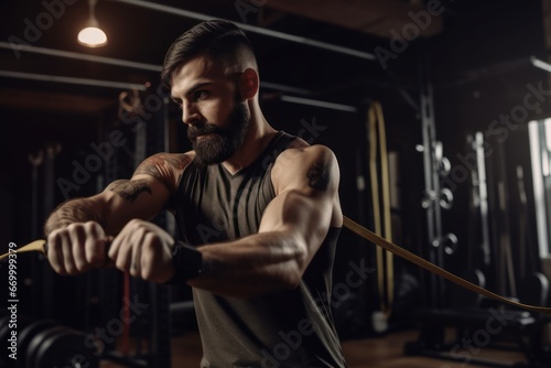 Handsome bearded man doing exercises with resistance band in the gym