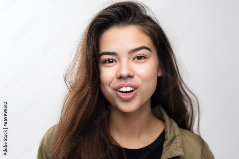 Portrait of a beautiful young woman with long hair on a white background Portrait of a beautiful young woman with long hair on a white background
