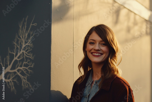 Portrait of a beautiful young woman smiling and leaning against a wall of the building with tree making a shadow around her