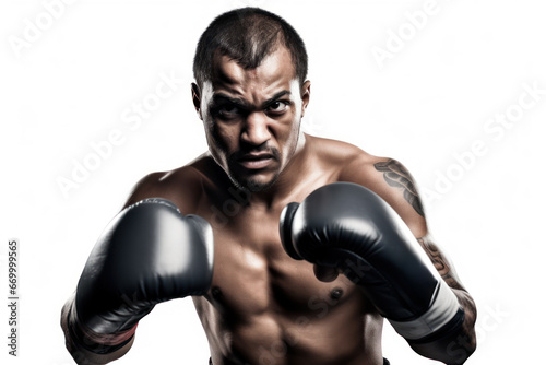 Fighter with boxing gloves on a white background. Studio shot.