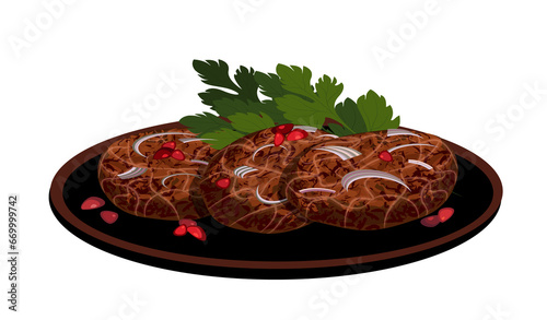 Apkhazura,georgian kartuli meat dish.Minced meat with spices,pomegranate seeds in a fat mesh,seal.Dish with barberry berries fried on open fire.Food on red clay frying pan,ketsi.Piping hot Abkhazura photo