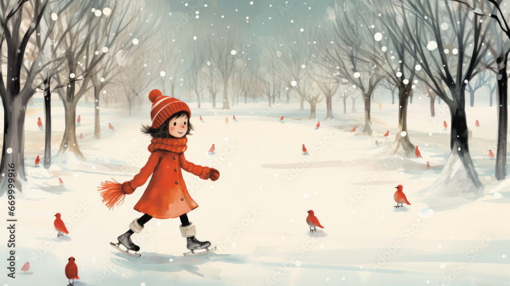 Φωτογραφία Illustration of a girl skating on a frozen lake in winter with red birds around