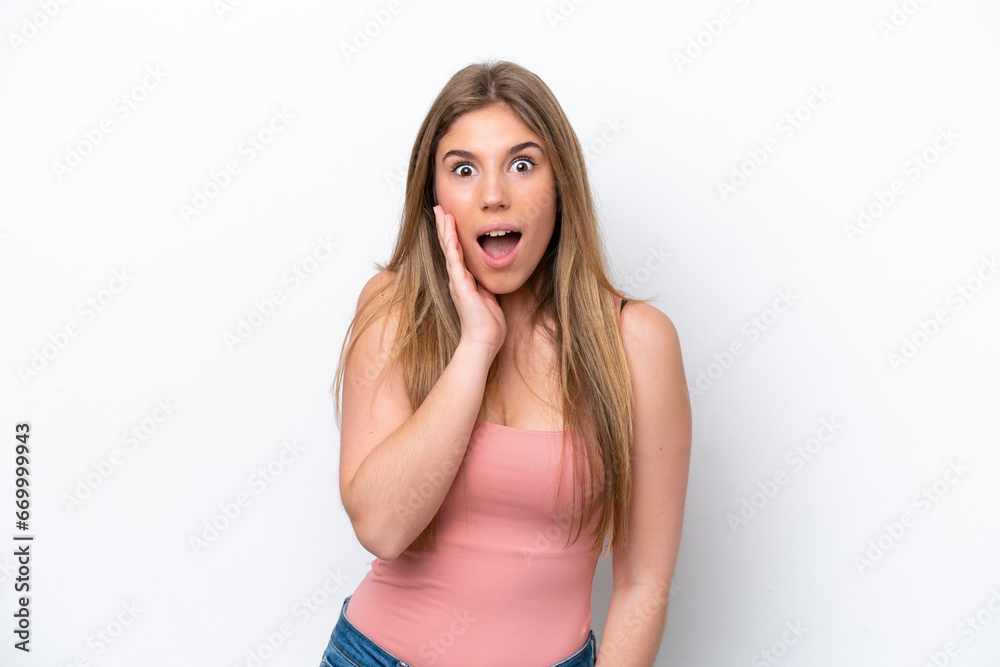 Young caucasian woman isolated on white bakcground with surprise and shocked facial expression Young caucasian woman isolated on white bakcground with surprise and shocked facial expression