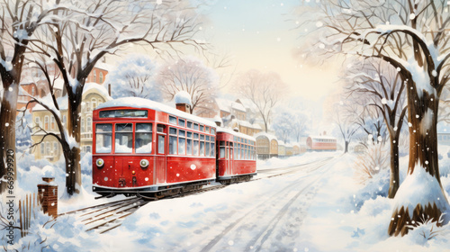 Illustration A red tram traveling through a winter landscape