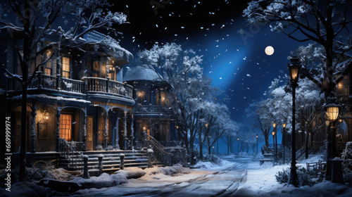 Illustration of a street with snow-covered houses at night