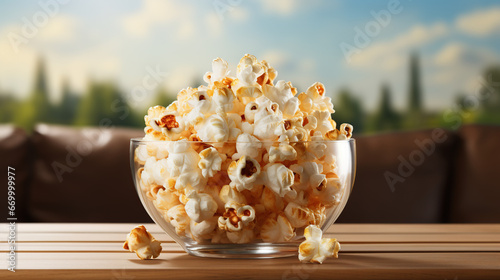 Delicious popcorn with caramel in a bowl and candies on wooden background, top view
