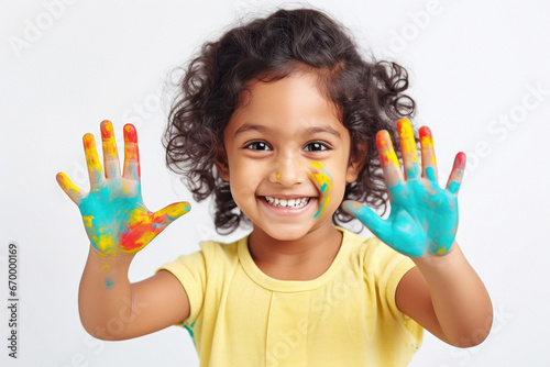 Indian child showing hands full of colors