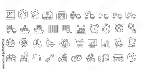 Simple Set of logistics and supply chain management Related Vector Line Icons. Truck, ship, warehouse, commerce, time, barcode, customer, tracking. Editable Stroke.