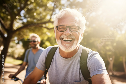 Portrait of a cheerful senior man exercising outdoors with his senior male friends, leading a healthy lifestyle and holding a basketball, smiling