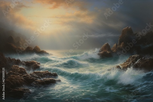 A mesmerizing seascape depicting the wonders of evolution, brought to life on canvas through captivating oil painting techniques. Generative AI