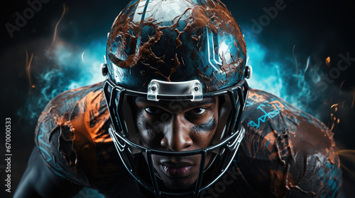 Dynamic image of a male American football player in sports equipment at the stadium, moving on a dark background with mixed neon lights.