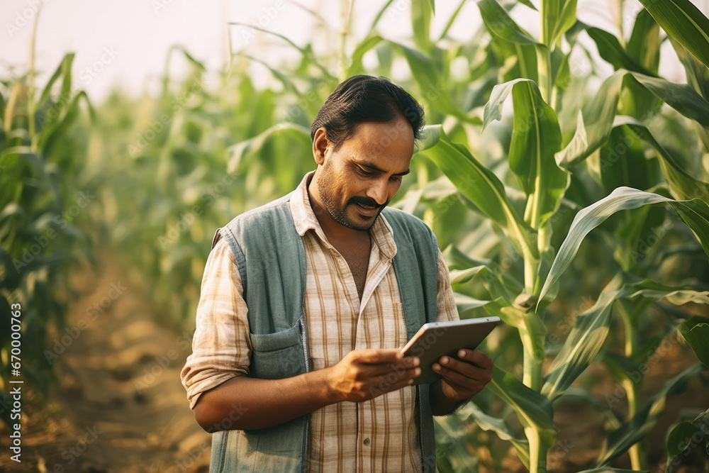 indian farmer using tablet in farm - obrazy, fototapety, plakaty 