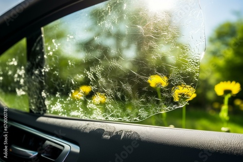 Damaged car window tint with bubbles requires repair due to aging adhesive and exposure to sunlight. Generative AI photo