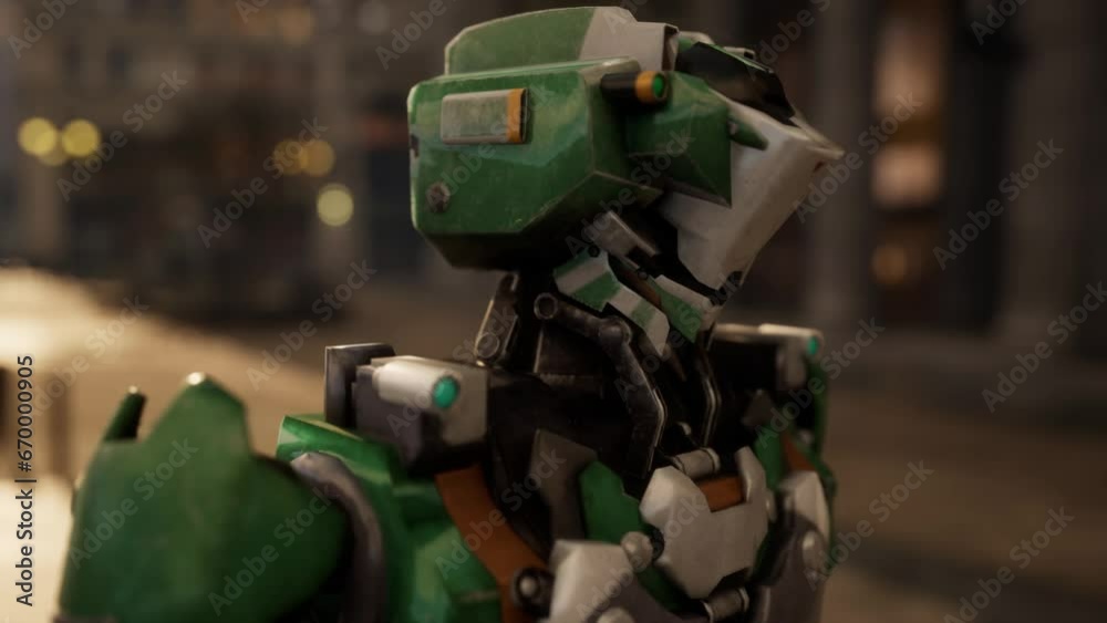 closeup of robot walking along a deserted street in a big city. humanoid AI robot crossing street. 3d animation. future automation job. closeup of robot walking along a deserted street in a big city. humanoid AI robot crossing street. 3d animation. future automation job.