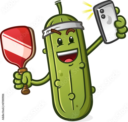 Pickle cartoon influencer and famous pickleball player character taking a selfie photo with a smartphone to share to his social media followers vector clip art illustration