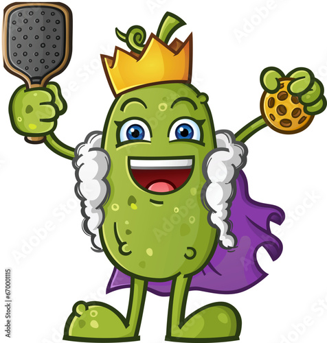 King pickle, the exalted benevolent ruler of the pickleball kingdom holding the royal paddle and ball for his subjects and wearing a golden crown and a royal purple suede cape vector clip art