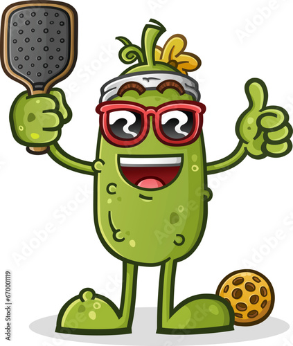 Cool casual pickle ball cartoon mascot tossing a thumbs up to the crowd and wearing stylish sunglasses and a sweat band