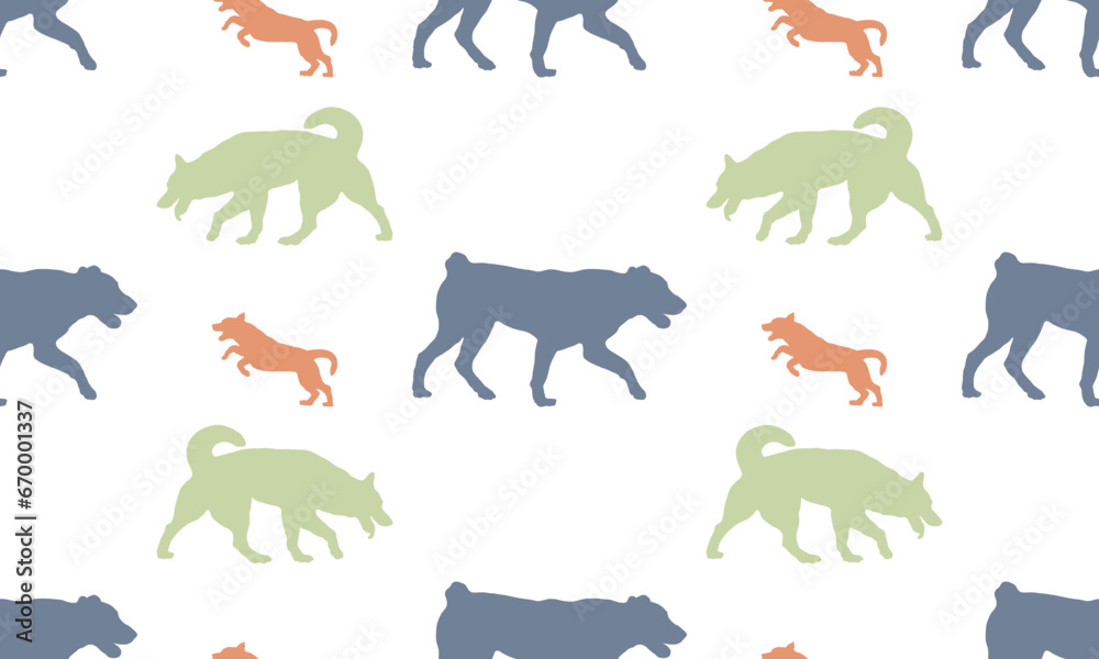 Silhouette dogs different breeds. Seamless pattern. Isolated on a white background. Endless texture. Design for fabric, wallpaper, print. Vector illustration.