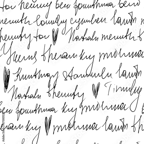 Seamless pattern with unreadable handwritten text and hearts