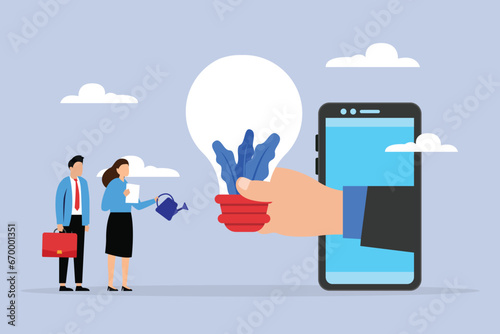 Businessman hand holding a light bulb out of a mobile phone 2D flat vector concept for banner, website, illustration, landing page, flyer, etc