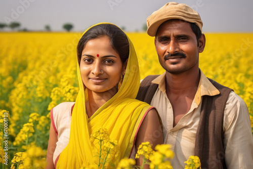 Indian rural happy farmer couple standing in farm