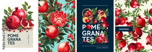 Hand drawn set of designs and patterns. Vectorized gouache illustrations. Illustrations of pomegranates with flowers and leaves for poster, prints, menu, card or textile.