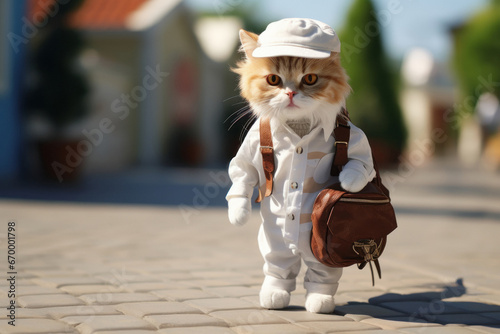 beautiful cat wearing cap with bag