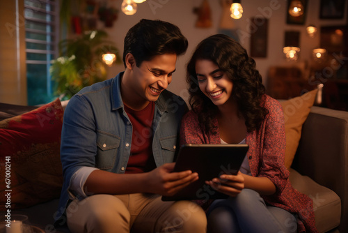 beautiful young indian couple using tablet