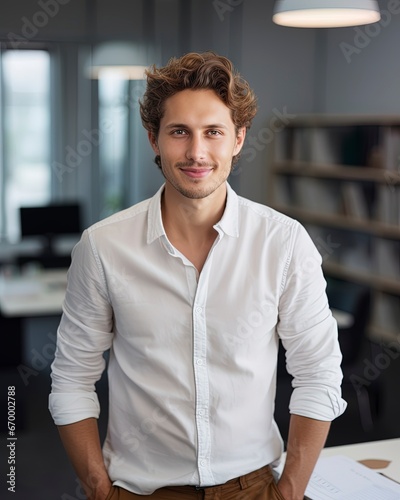 Portrait of a businessman with an out of focus office background. Banner, website header, marketing material.