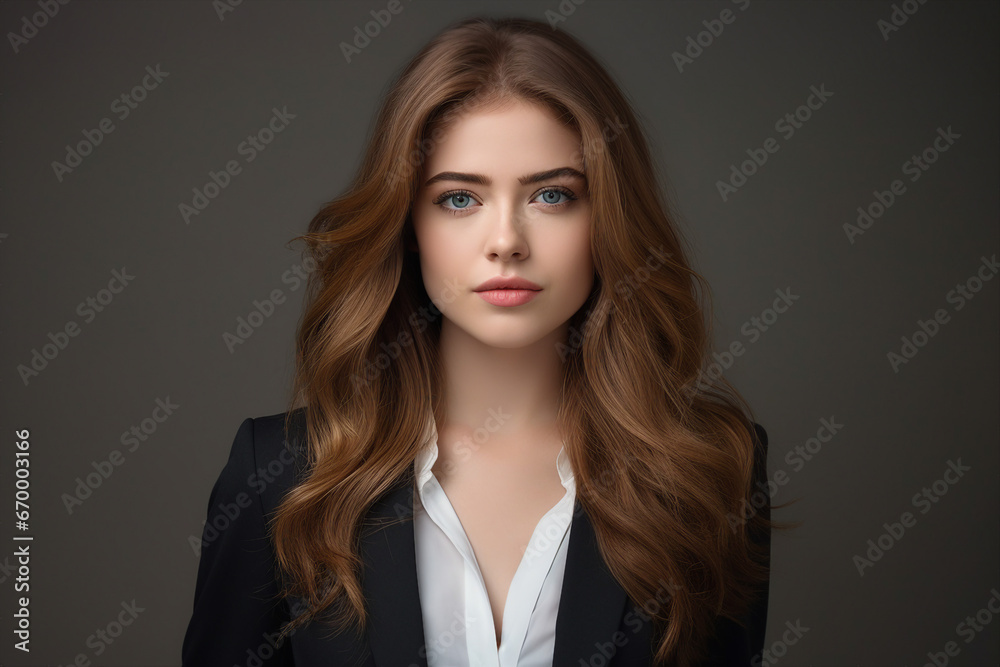 Generative AI illustration of young business lady confident person over dark color background Generative AI illustration of young business lady confident person over dark color background
