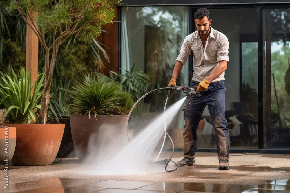 Fototapeta premium person cleaning with high pressure water spray