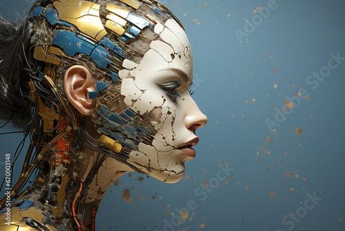 Portrait of beautiful young futuristic woman with abstract brain and digital elements