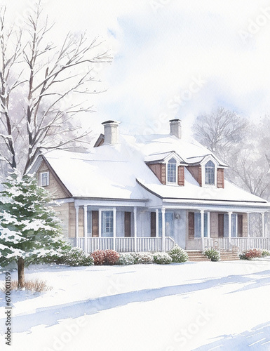 Watercolor Winter Season And Watercolor Winter House Background © mdronydesigner