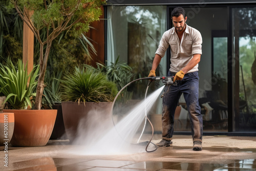 person cleaning with high pressure water spray photo