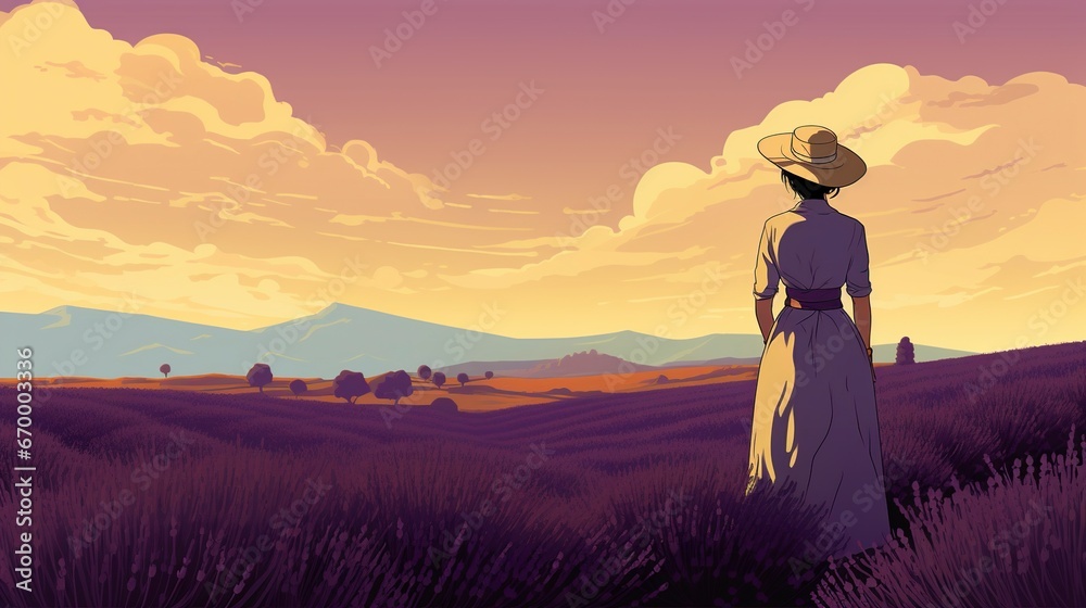 Fototapeta premium Woman at Lavender Field Wallpaper