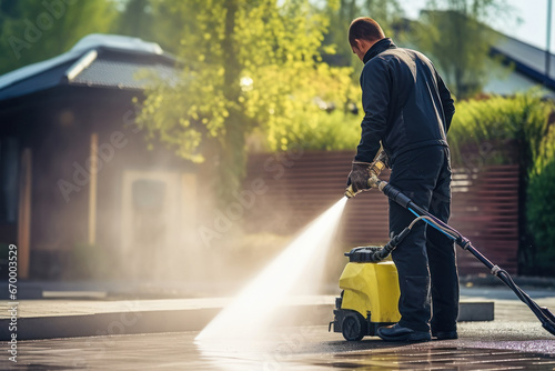 person cleaning with high pressure water spray photo